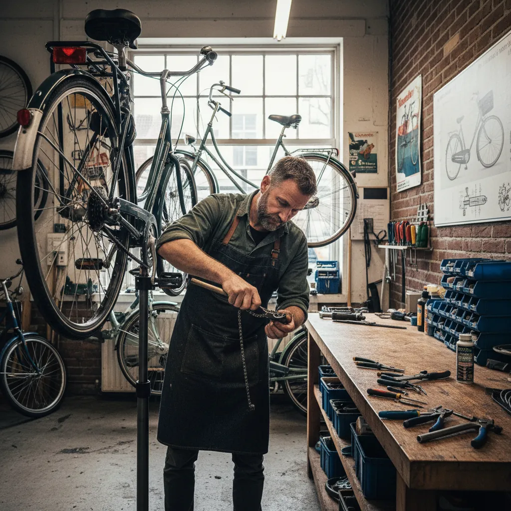 Vakkundige fietsmonteur aan het werk bij Kraan Tweewielers